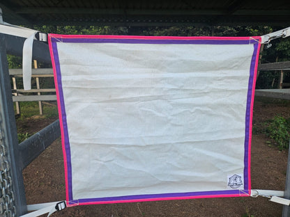 White Shadecloth with pink and purple binding 