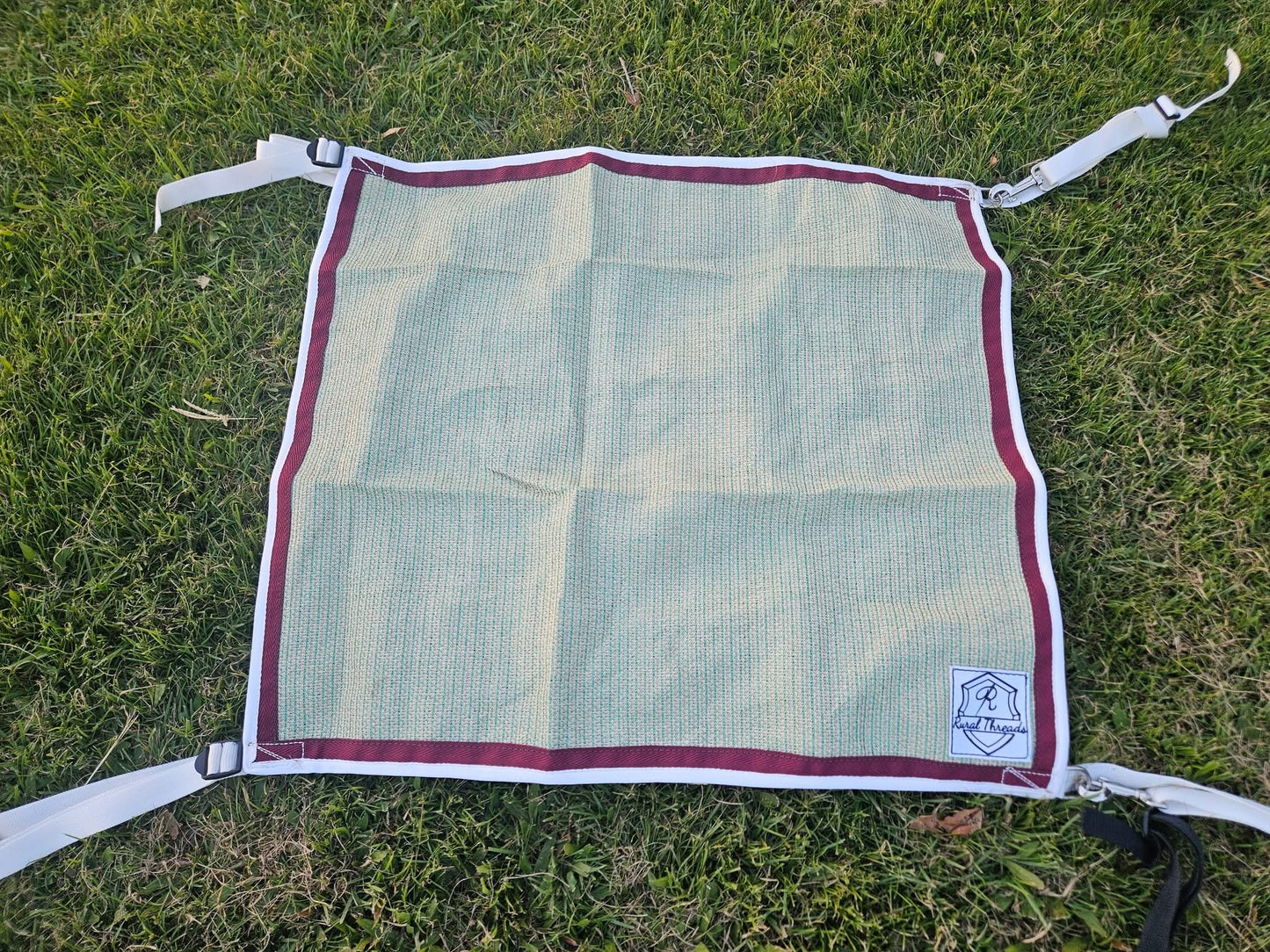 Pale Cream with Green shade cloth, with Maroon and White binding 